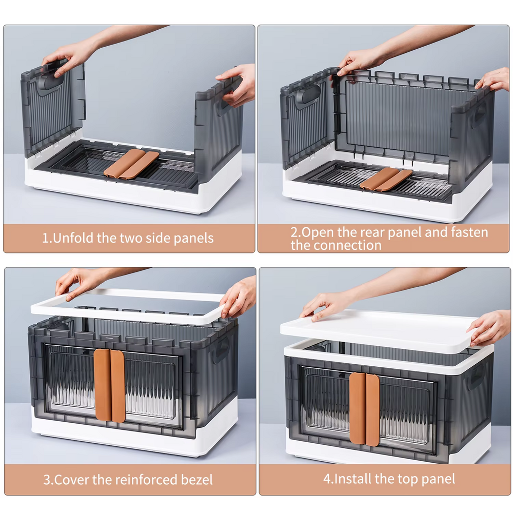 Foldable Storage Bin With Door Plastic Stackable Storage Box For Clothes, Toys, Books, Pantry