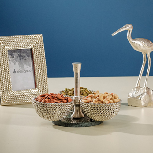 Home Silver Plated Iron Bowl Set with Marble Base