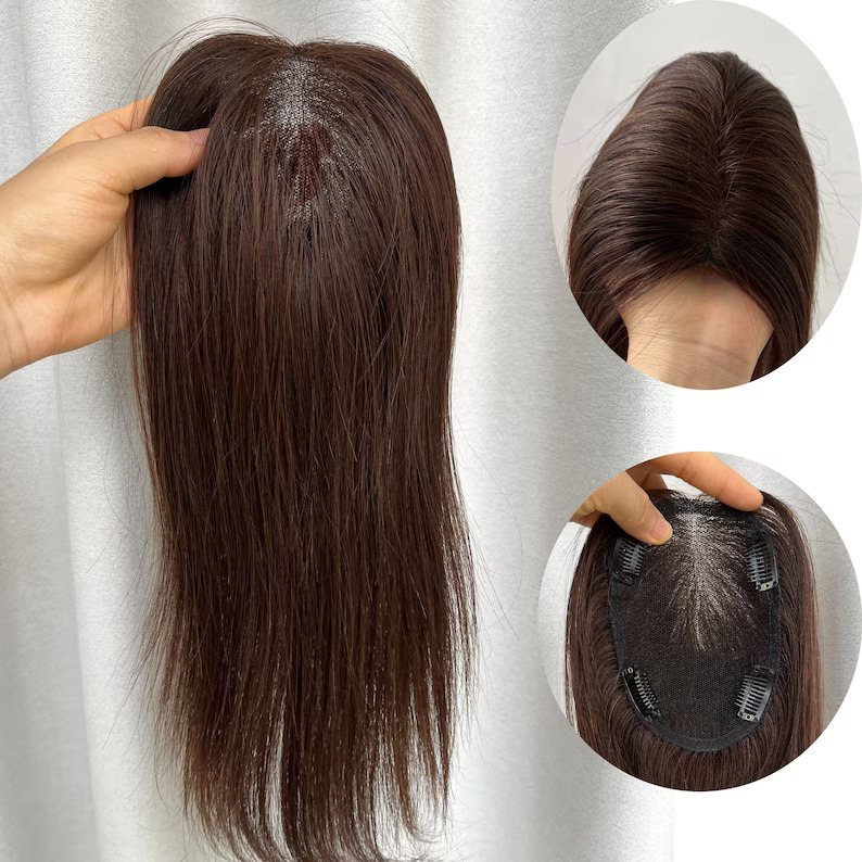 Brown Silk Base Crown Area Hair Toppers for Thinning Hair Real Human Hair Clip In Glueless