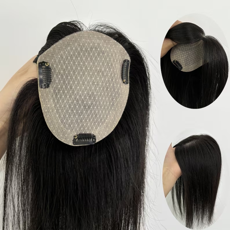 Beautiful Silk-based black color remy natural human hair topper 100% density silky straight wave style