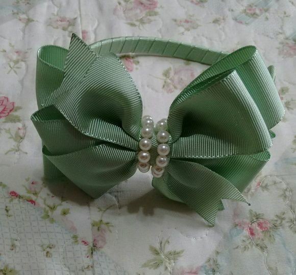 Designer Ladies Hair Band - Plastic, Large Textured Fabric Bow, Green Shade | Delicate Pearl Center, Comfortable Fit For Everyday & Special Occasions