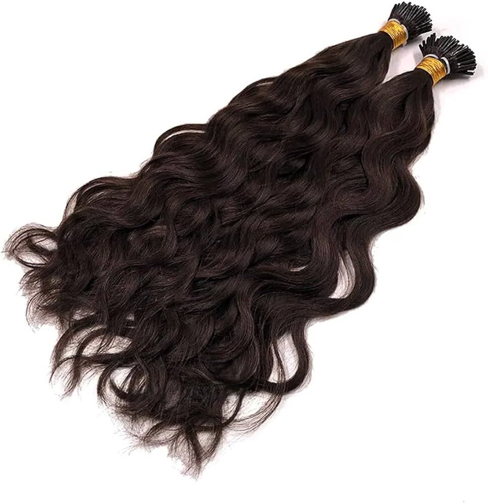 Remy Virgin Human Hair Extension, I- Tip Hair 100 Strands, Brown Wavy Texture, for woman( 22 inch )