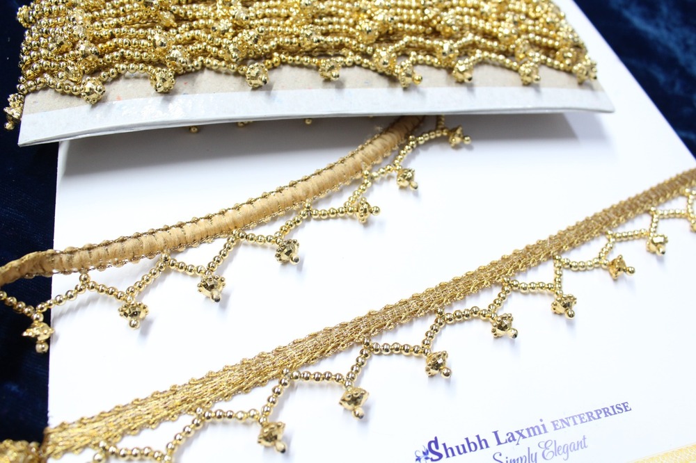 Pearl Border Lace - Cotton, 1.5 Inch Width X 9 Mtr Length, Golden Color, Cut Work Design | Fancy Lace With Zari And Elegant One-sided Pattern