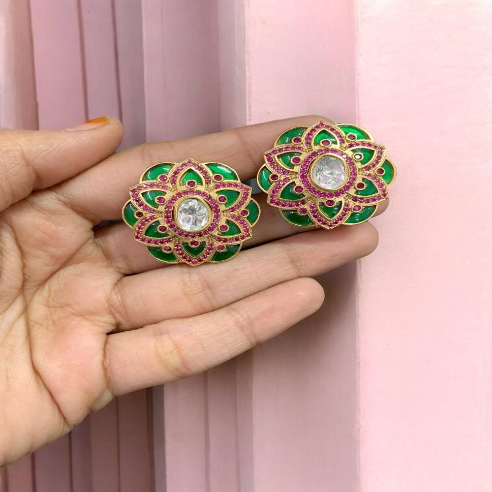 Handcrafted Traditional Fusion Ear Studs with Talaf Work and studded stones