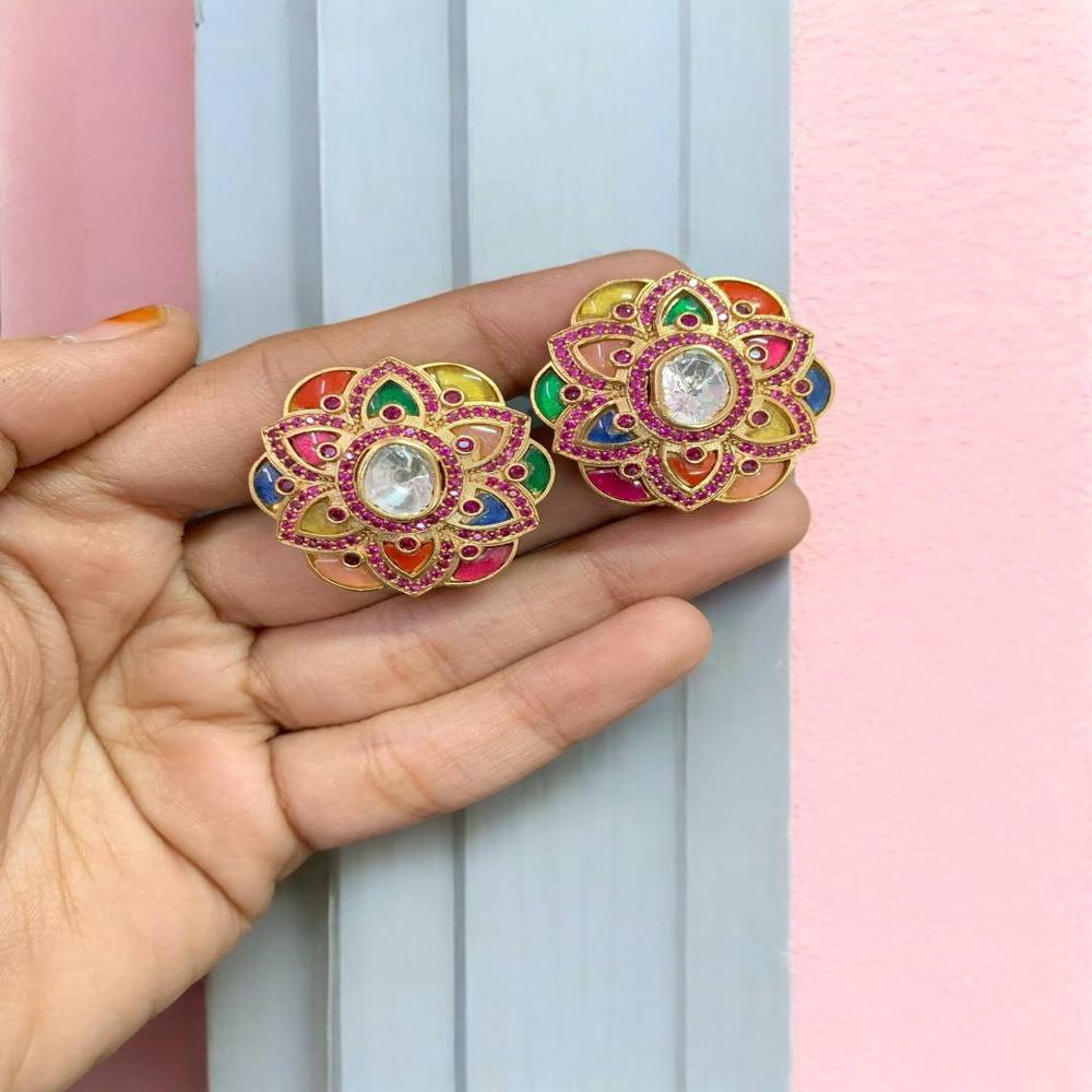 Handcrafted Traditional Fusion Ear Studs With Talaf Work And Studded Stones