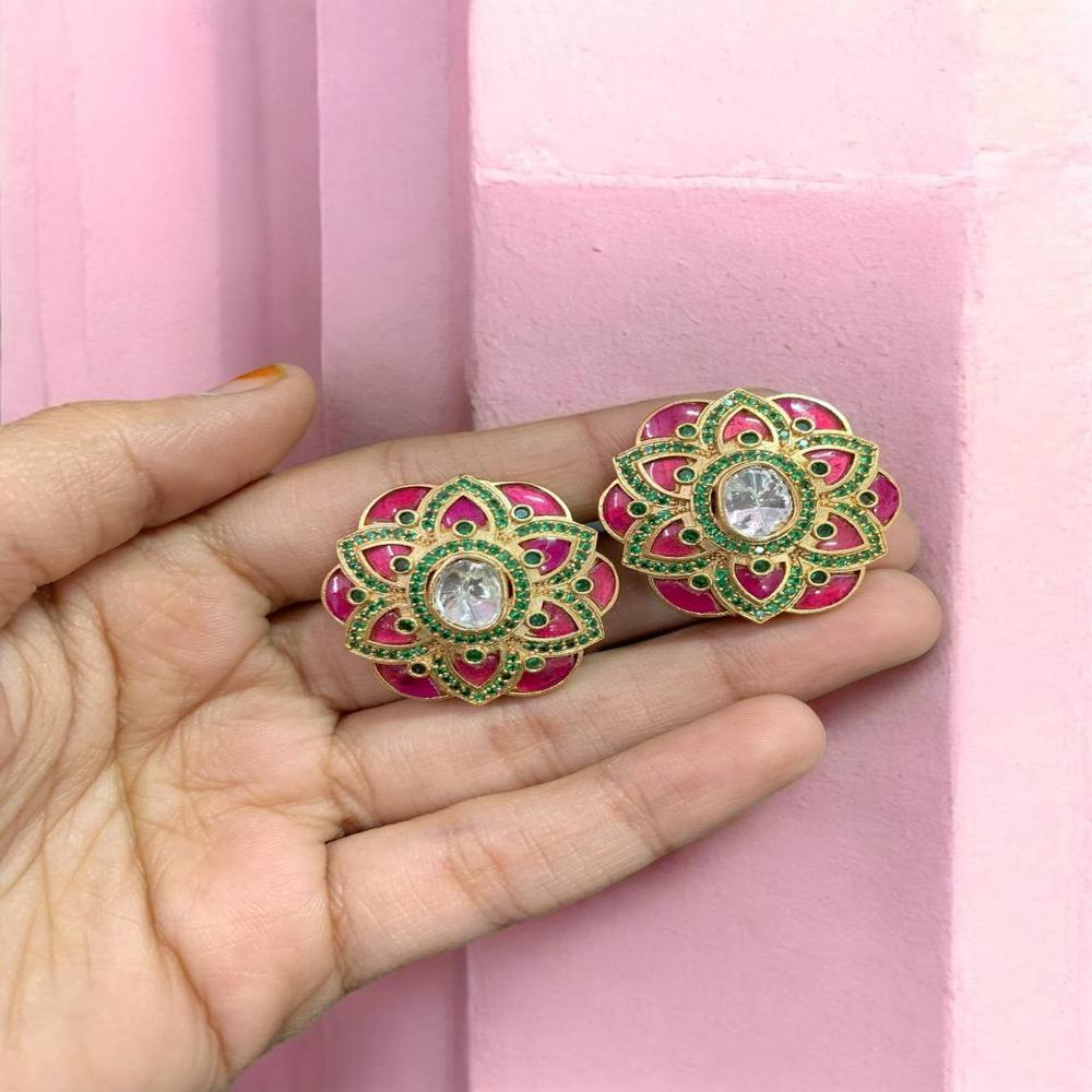 Handcrafted Traditional Fusion Ear Studs With Talaf Work And Studded Stones