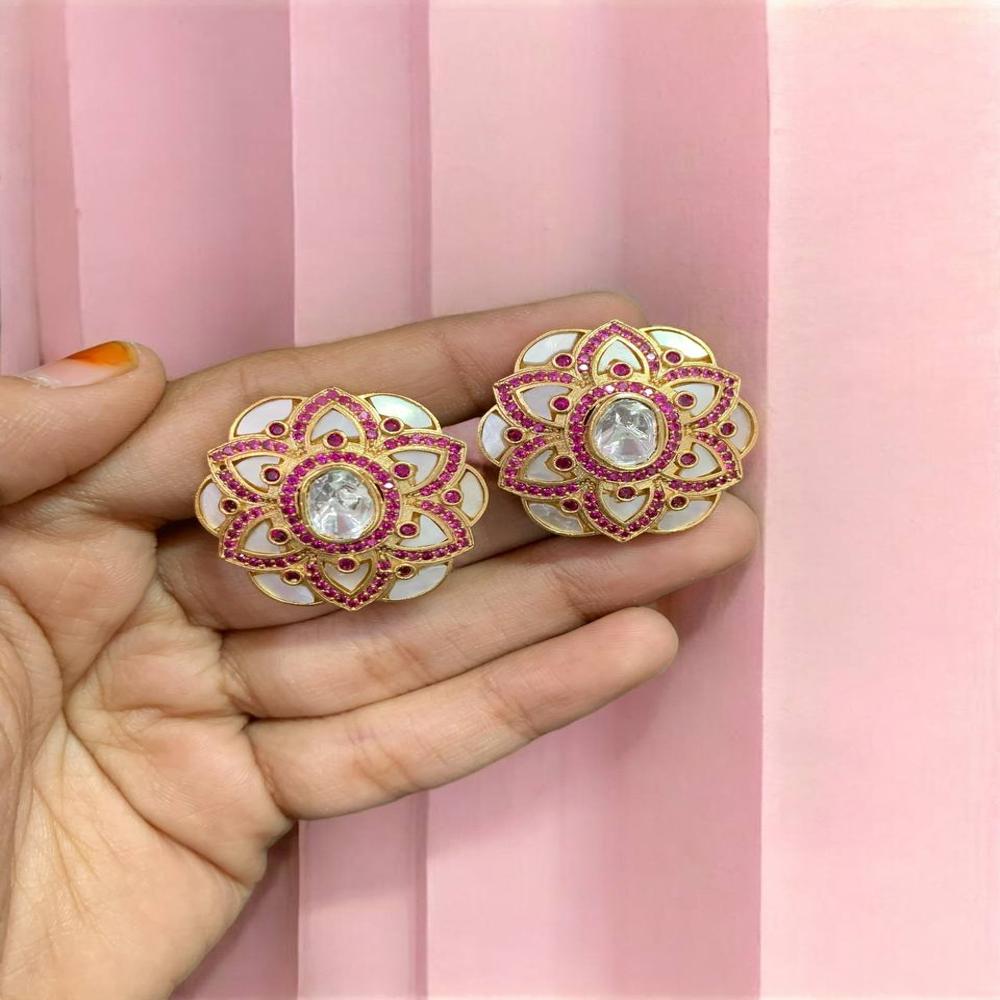 Handcrafted Traditional Fusion Ear Studs With Talaf Work And Studded Stones