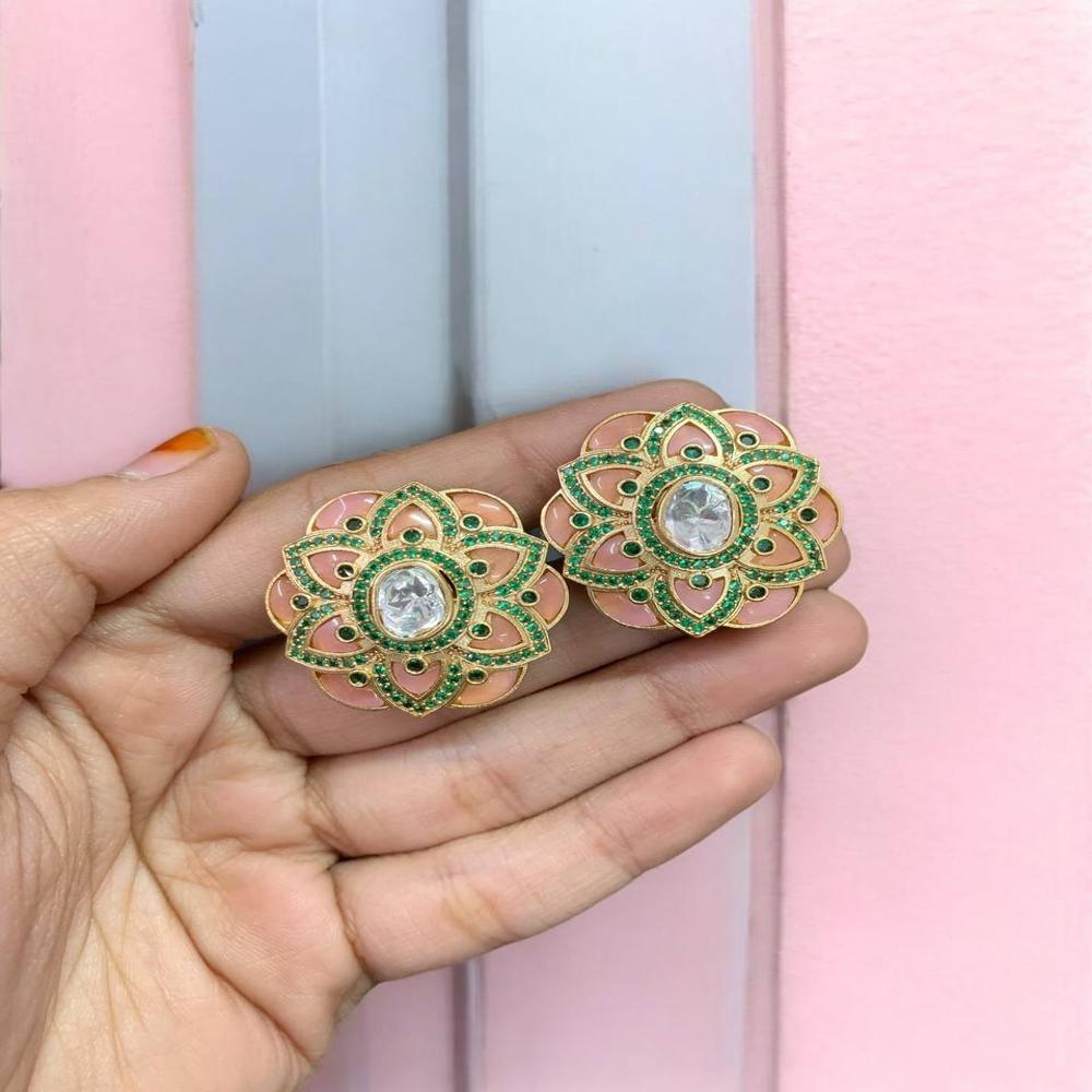 Handcrafted Traditional Fusion Ear Studs With Talaf Work And Studded Stones