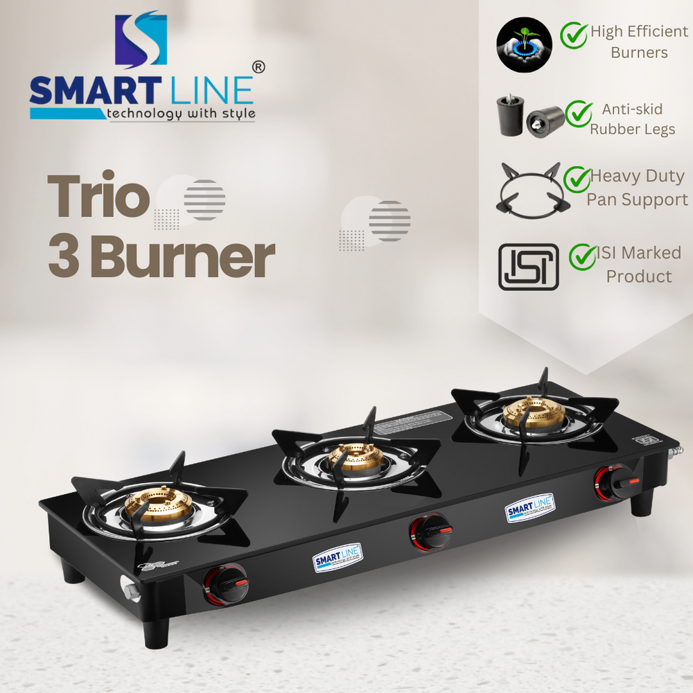 Three Burner Stove - Tempered Glass | Efficient Cooking With Three Gas Burners, Isi Safety Standard, Space-saving Design