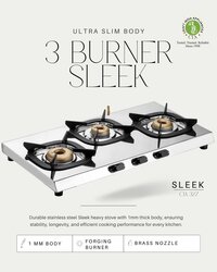 Three Burner Gas Stove - Stainless Steel, 1mm Thick Body | Versatile Cooking With Direct Flame, Even Heating, And Safety Features