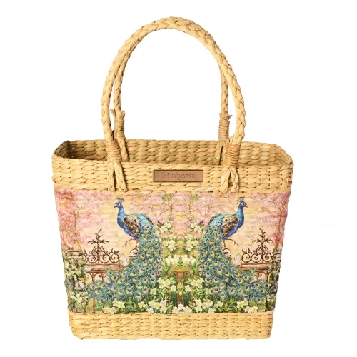 Peacock Printed Kauna Grass Basket Bag