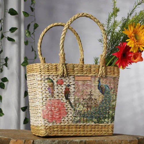 Beautiful Printed Braided Kauna Grass Basket Bag