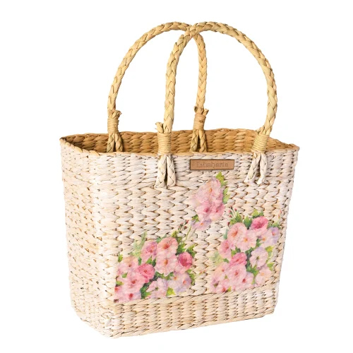 Pink Flower Printed Kauna Grass Basket Bag