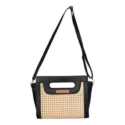 Ladies Rattan Cane Shoulder Bag - Color: Beige And Black