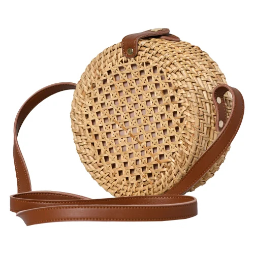 Round Fancy Rattan Cane Handbag - Color: Brown