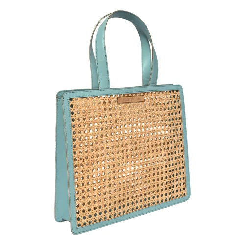 Blue Border Rattan Cane Tote Hand Bag - Color: Brown