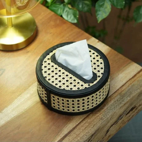 Rattan Cane Round Tissue Holder Box