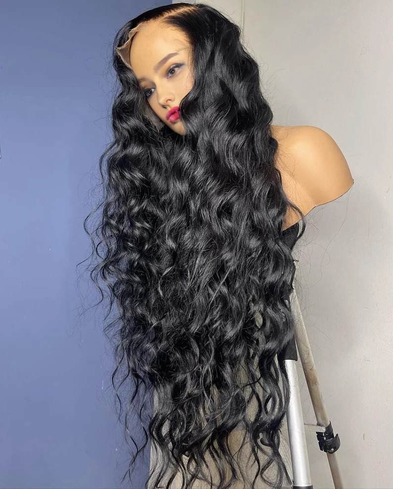 Deep Wave Curly Wig Natural Black Human Hair 30Inch long size Indian Factory
