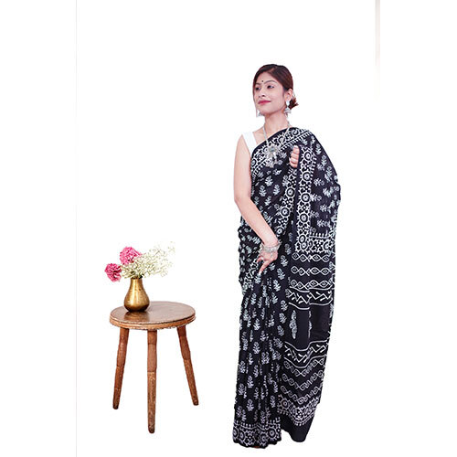 Black Traditional Handblock Printed Cotton Mulmul Saree