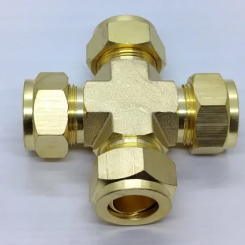 Equal Four Way Brass Compression Fitting - Color: Golden