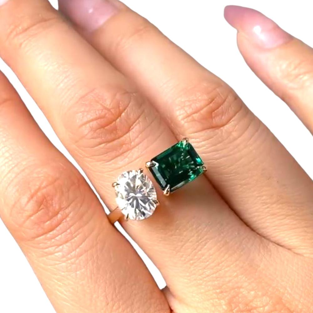 14k Gold Moissanite and Lab-Grown Emerald Toi et Moi Ring, Dainty Statement Ring, Gift For Wife