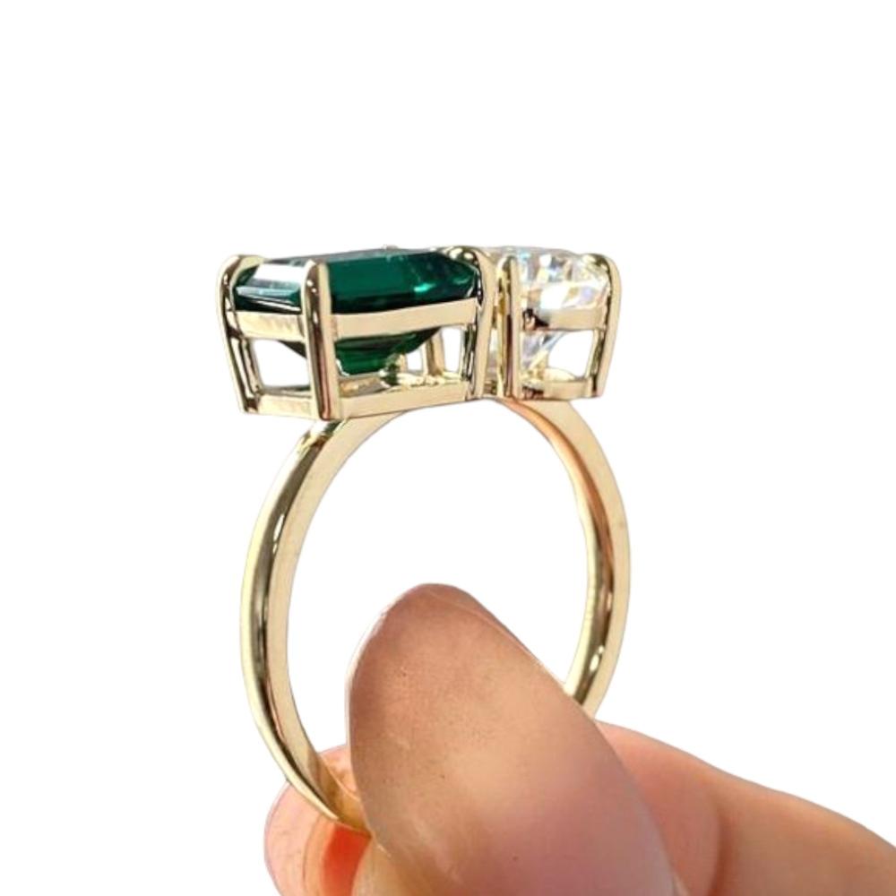 14k Gold Moissanite and Lab-Grown Emerald Toi et Moi Ring, Dainty Statement Ring, Gift For Wife