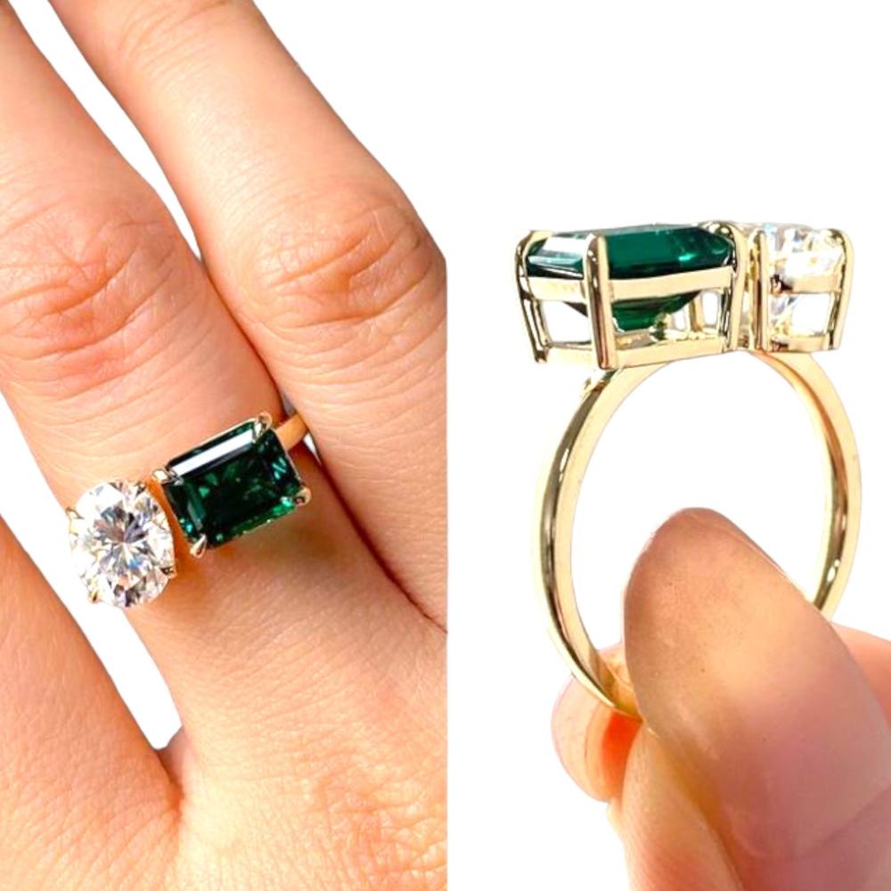 14k Gold Moissanite and Lab-Grown Emerald Toi et Moi Ring, Dainty Statement Ring, Gift For Wife