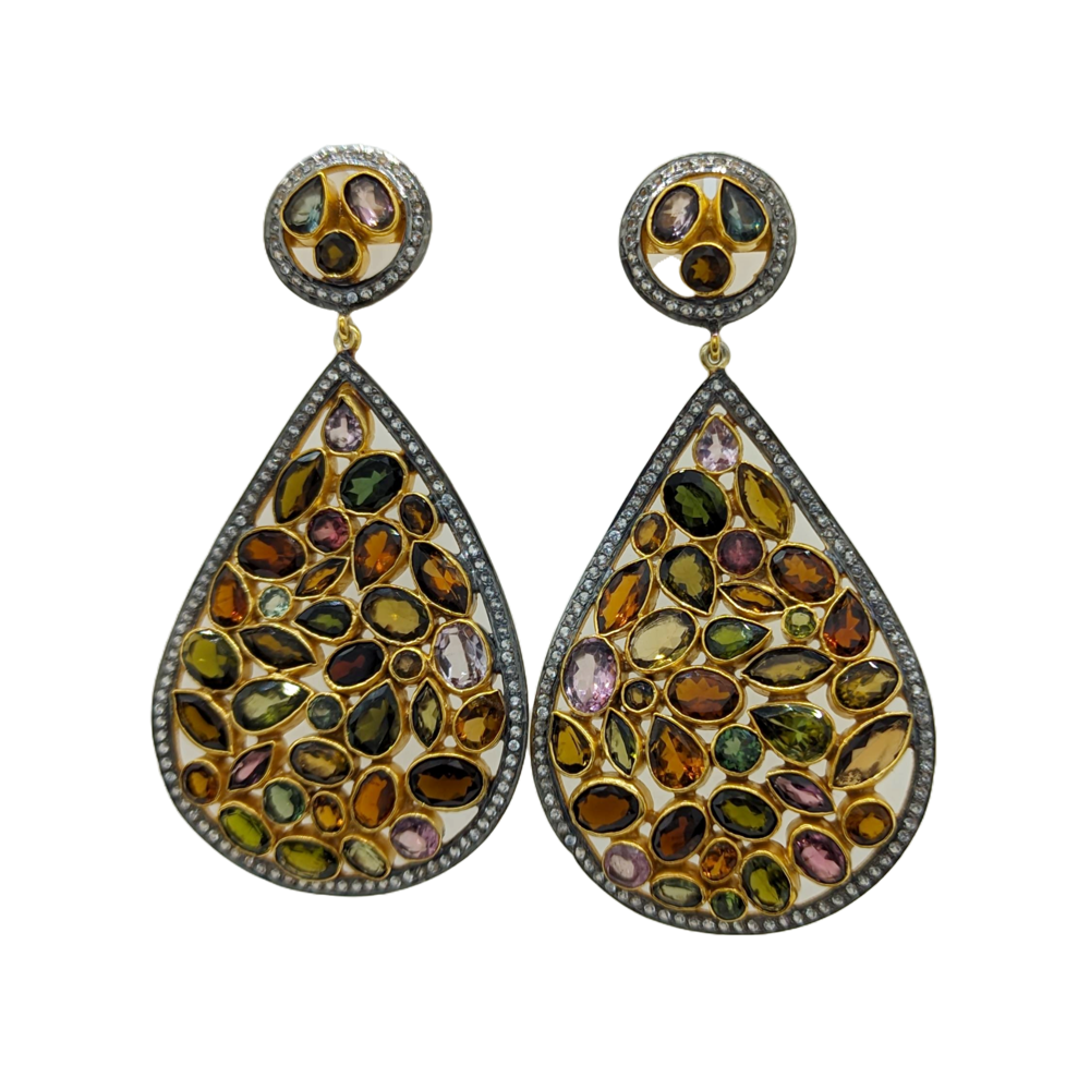 Multi Tourmaline Drop Earrings, Vintage Dangle Earrings, Birthday Gift For Wife, Antique Jewelry
