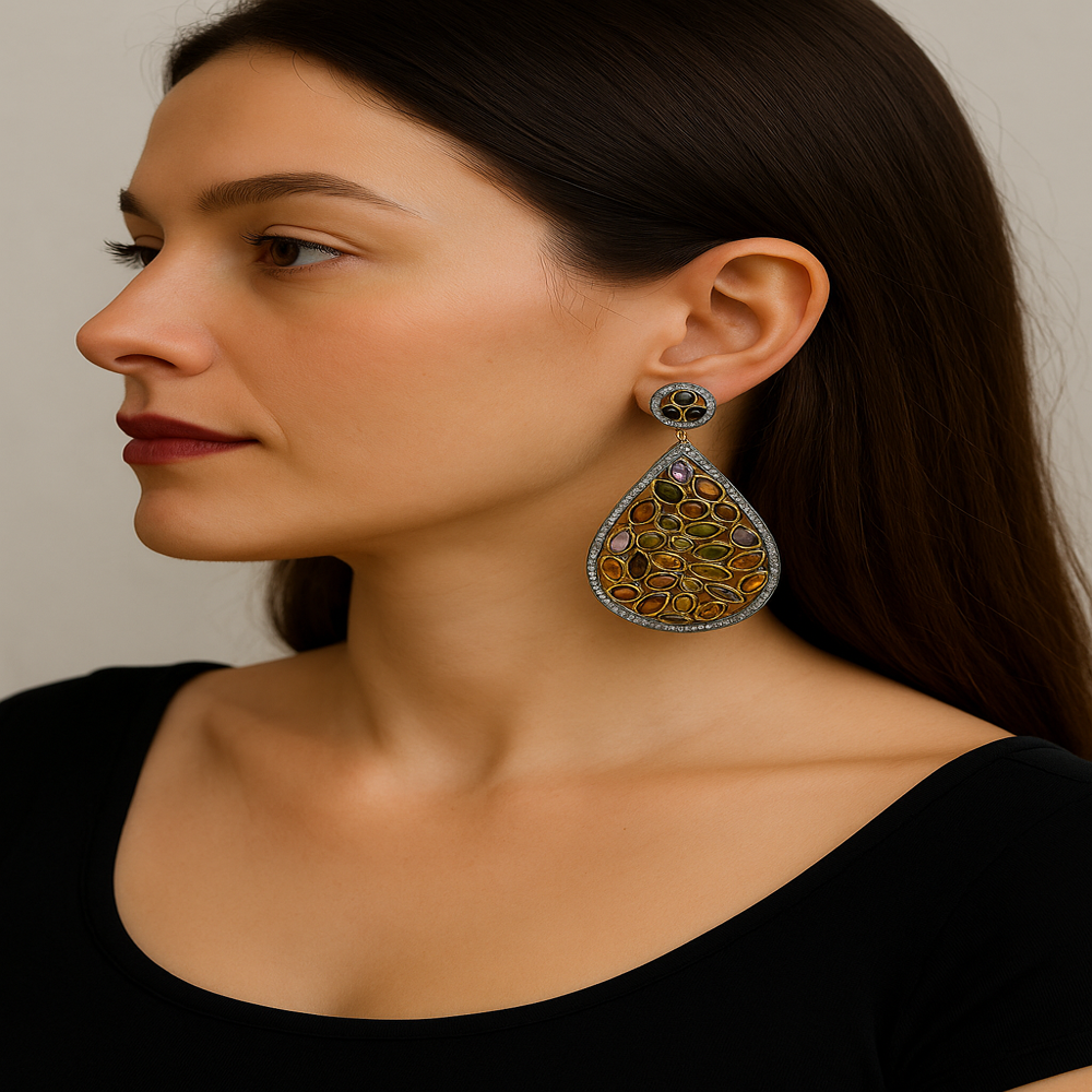Sterling Silver Multi Tourmaline Drop Earrings ,Vintage Dangle Earrings