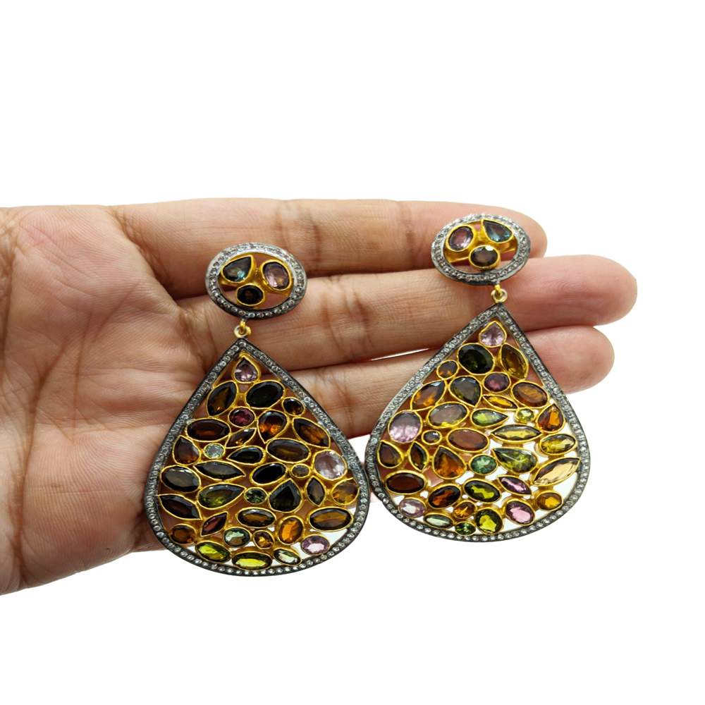 Multi Tourmaline Drop Earrings, Vintage Dangle Earrings, Birthday Gift For Wife, Antique Jewelry