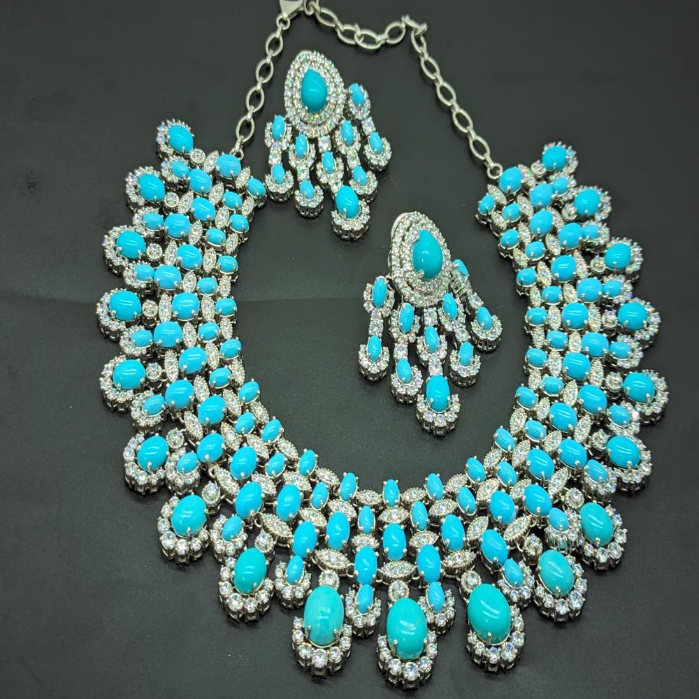 Natural Turquoise Wedding Necklace Set With Drop Earrings - Color: Sky Blue