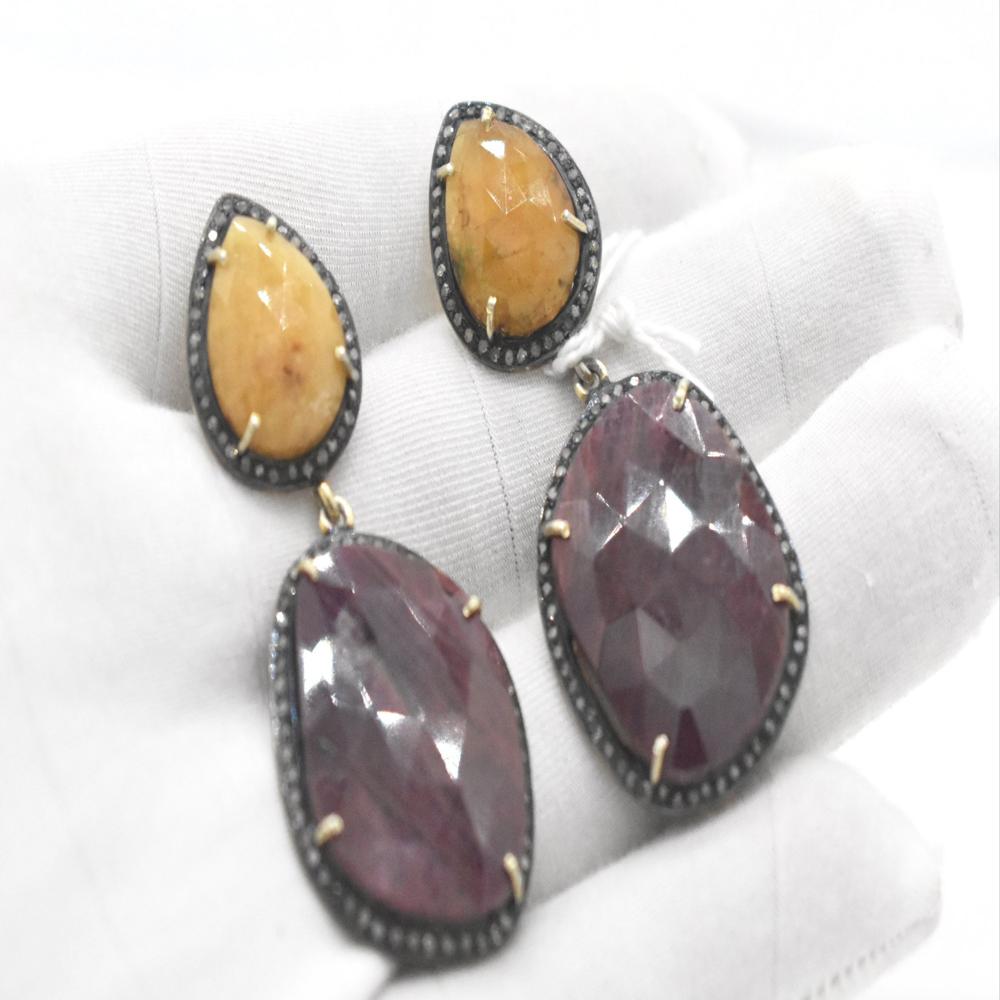 925 Sterling Silver Pave Diamond Ruby Drops Earrings, Yellow Sapphire Earrings - Design: Solitaire