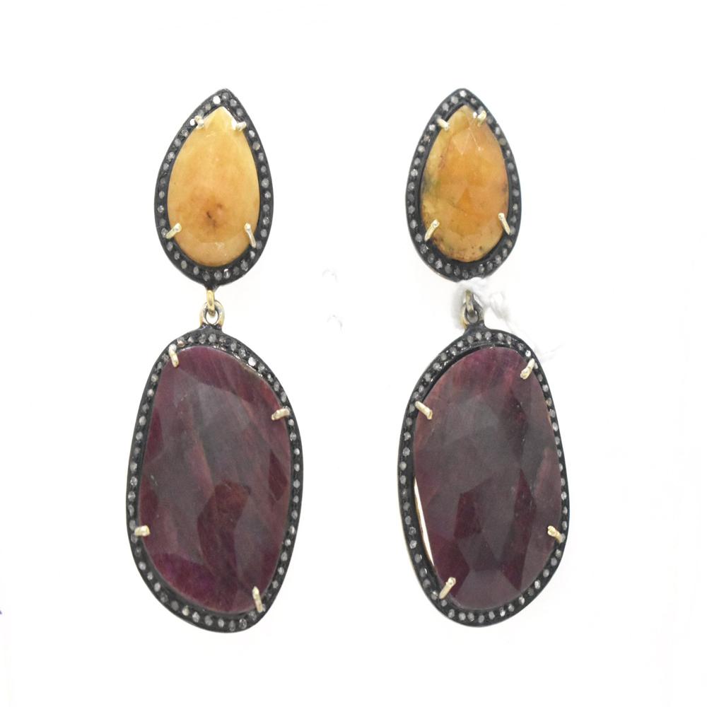 925 Sterling Silver Pave Diamond Ruby Drops Earrings, Yellow Sapphire Earrings