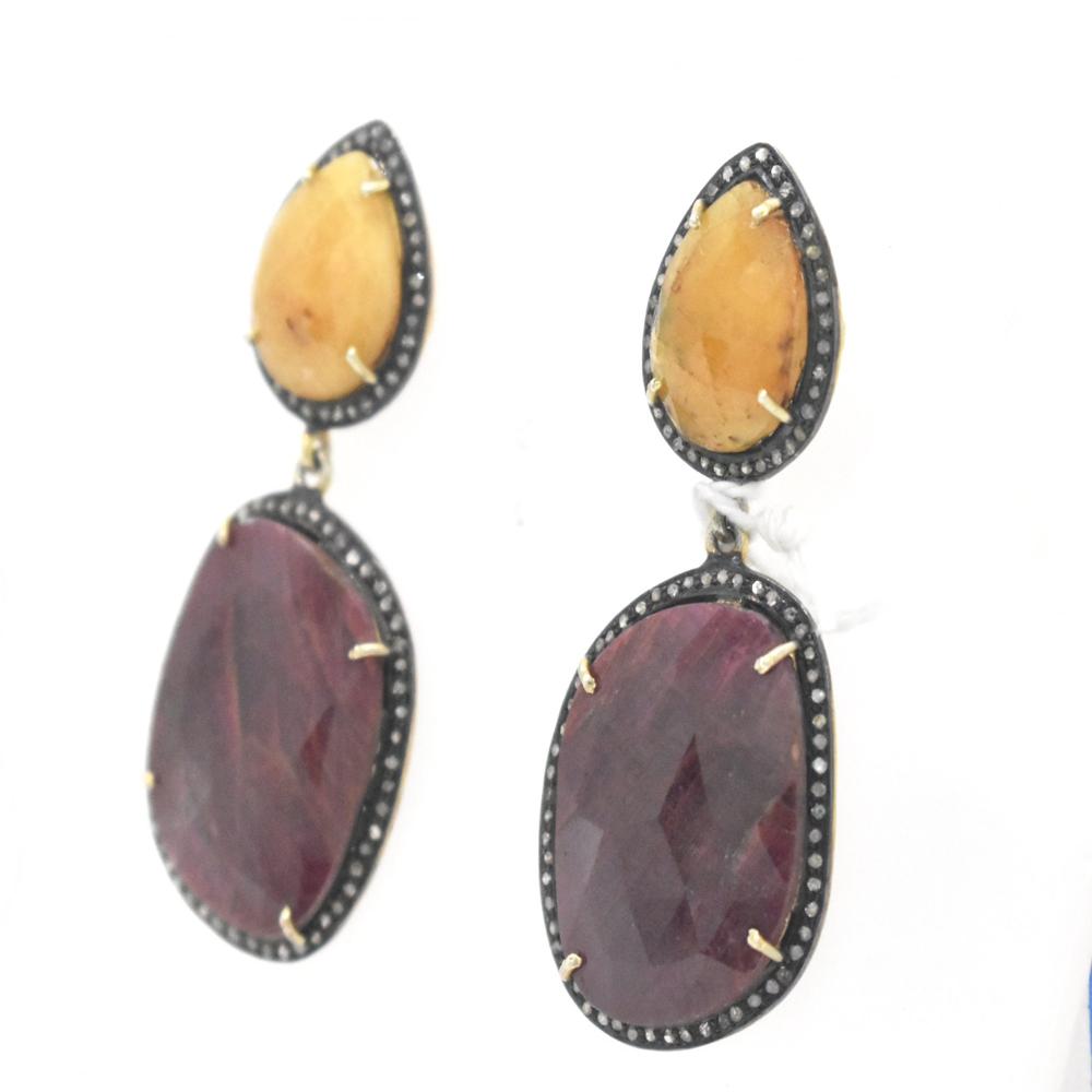 925 Sterling Silver Pave Diamond Ruby Drops Earrings, Yellow Sapphire Earrings