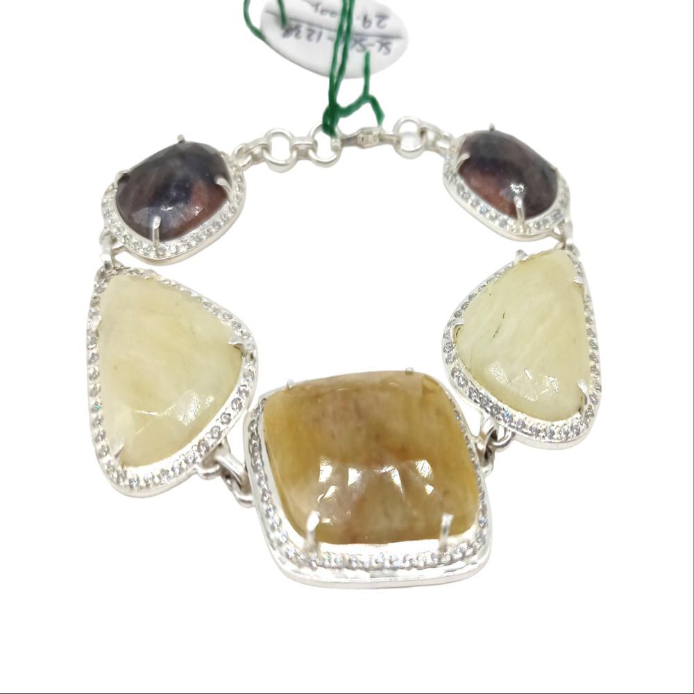 925 Sterling Silver Natural Yellow Sapphire, Ruby Chain Bracelet, Adjustable Jewelry