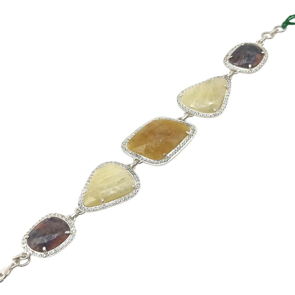 925 Sterling Silver Natural Yellow Sapphire, Ruby Chain Bracelet, Adjustable Jewelry