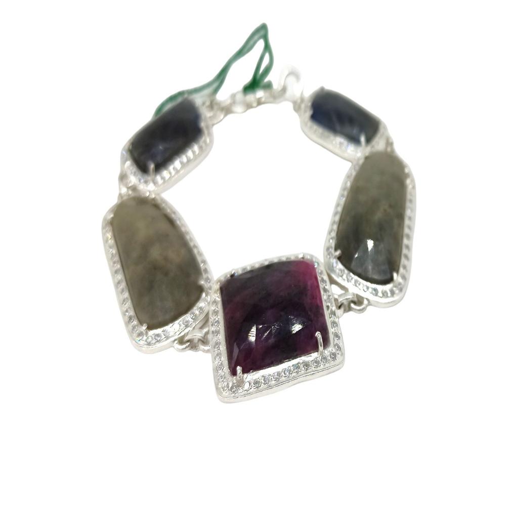 925 Sterling Silver Natural Ruby, Brown Sapphire Chain Bracelet