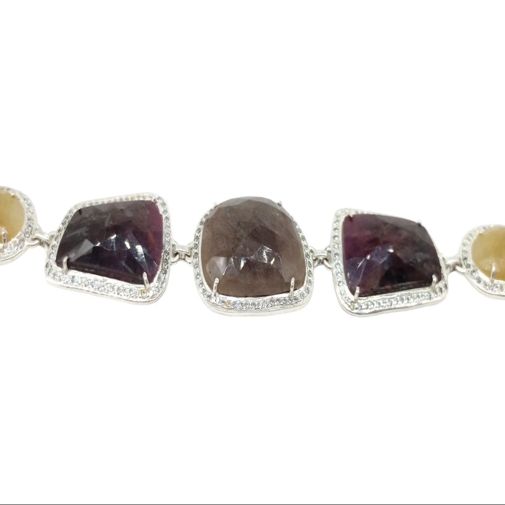 925 Sterling Silver Natural Ruby, Brown Sapphire Chain Bracelet