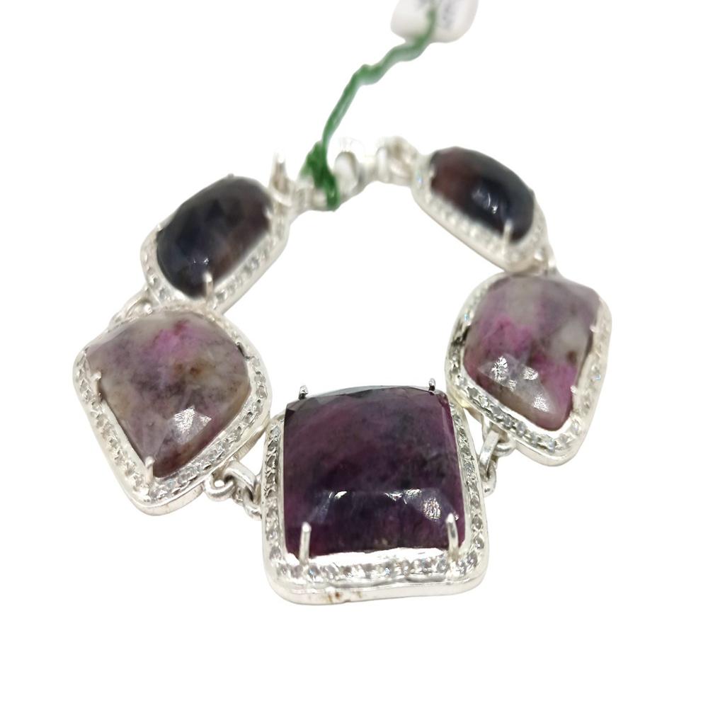 925 Sterling Silver Natural Ruby, Brown Sapphire Chain Bracelet - Color: Multicolor
