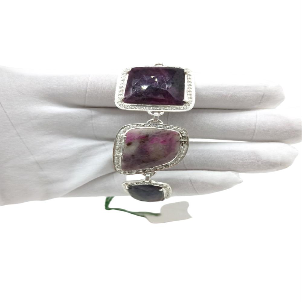 925 Sterling Silver Natural Ruby, Brown Sapphire Chain Bracelet