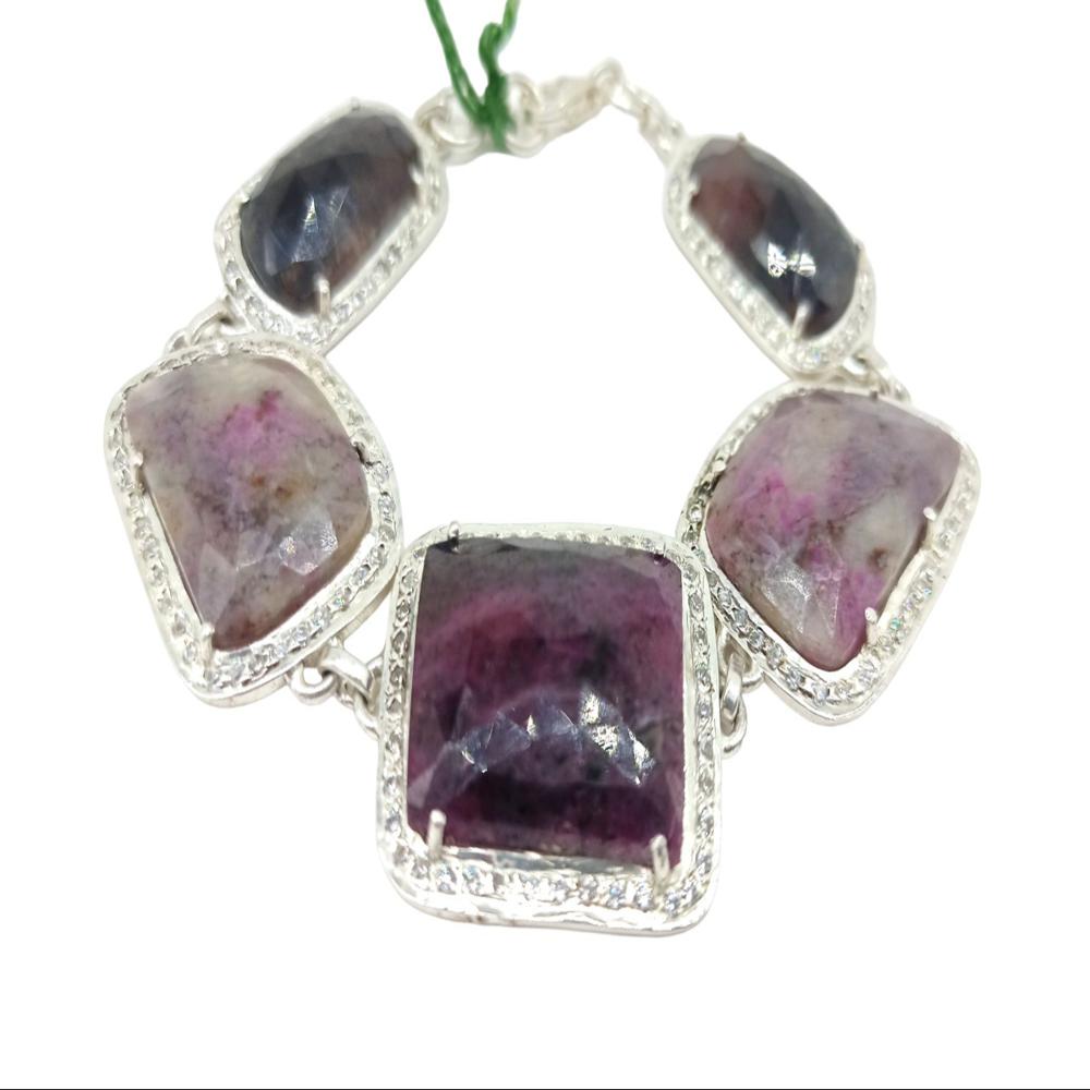 925 Sterling Silver Natural Ruby, Brown Sapphire Chain Bracelet