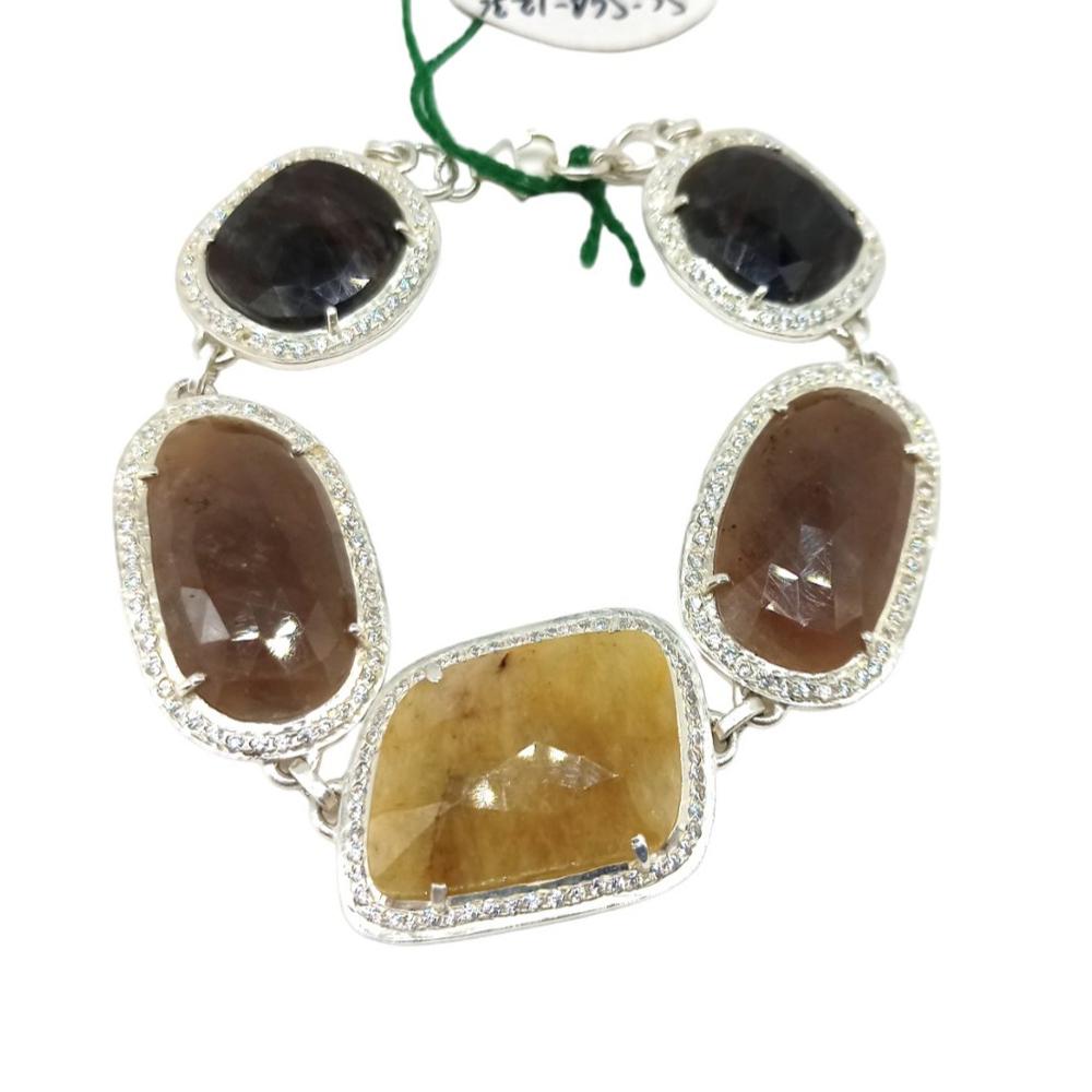 925 Sterling Silver Natural Yellow Sapphire, Ruby Chain Bracelet