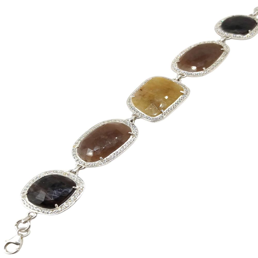 925 Sterling Silver Natural Yellow Sapphire, Ruby Chain Bracelet
