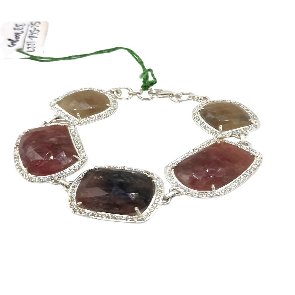 925 Sterling Silver Natural Ruby Brown Sapphire Chain Bracelet - Color: Multicolor