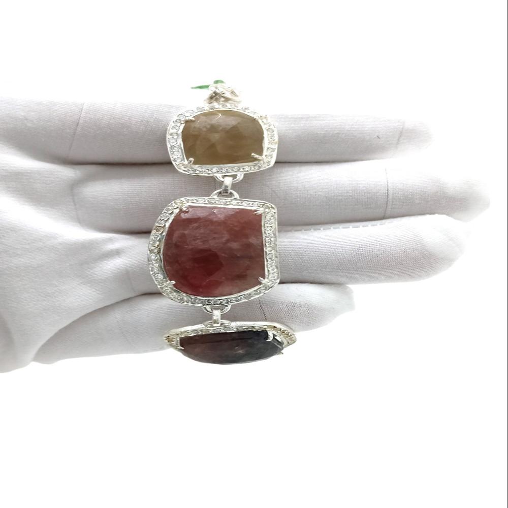 925 Sterling Silver Natural Ruby Brown Sapphire Chain Bracelet - Color: Multicolor