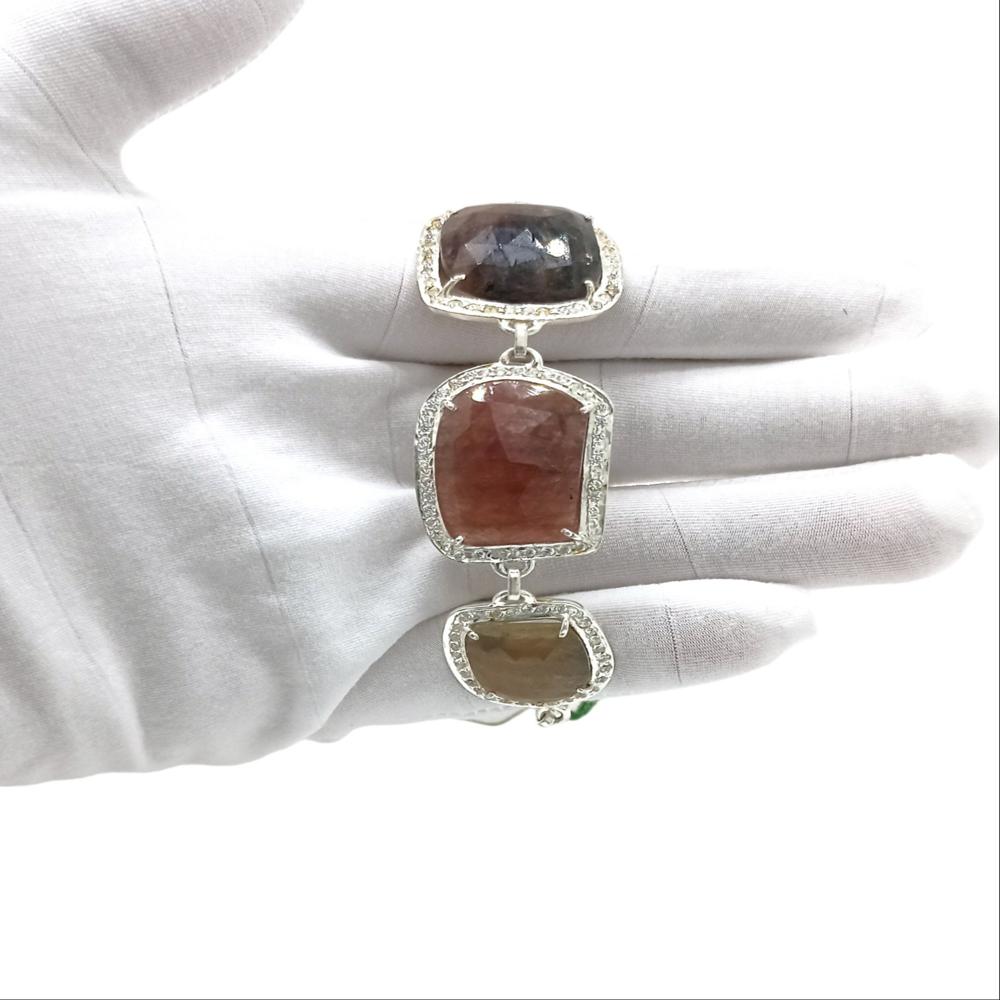 925 Sterling Silver Natural Ruby Brown Sapphire Chain Bracelet - Color: Multicolor