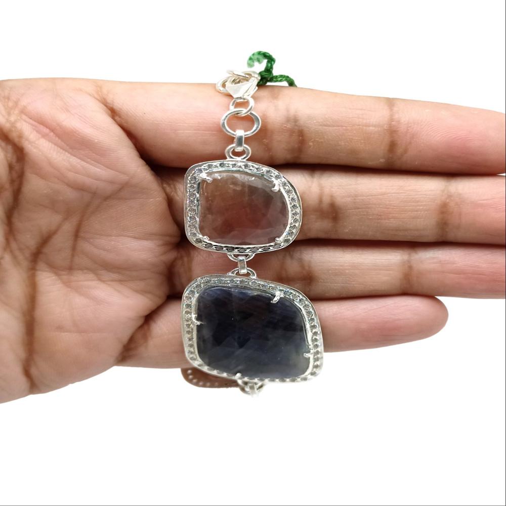 925 Sterling Silver Natural Ruby, Blue Sapphire Chain Bracelet - Color: Multicolor