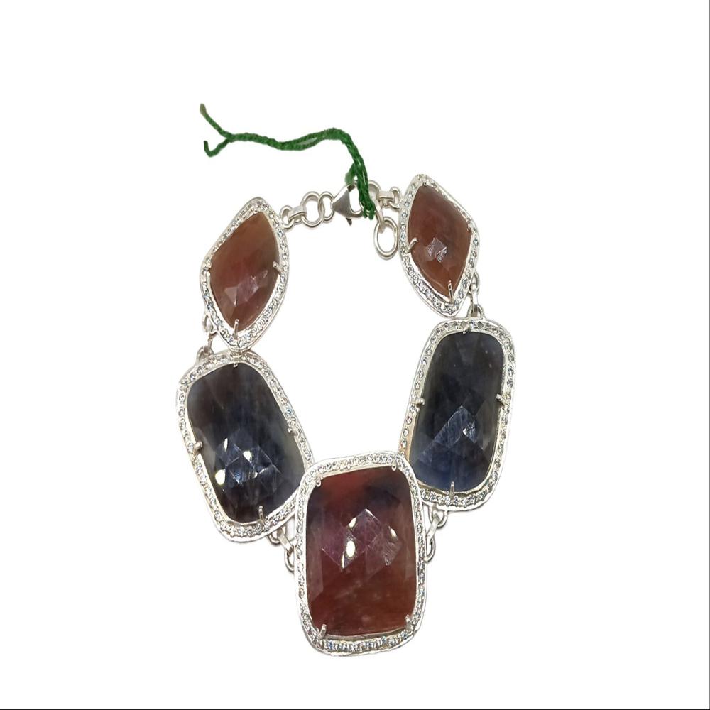 925 Sterling Silver Natural Ruby, Blue Sapphire Chain Bracelet