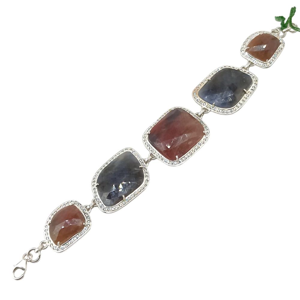 925 Sterling Silver Natural Ruby, Blue Sapphire Chain Bracelet
