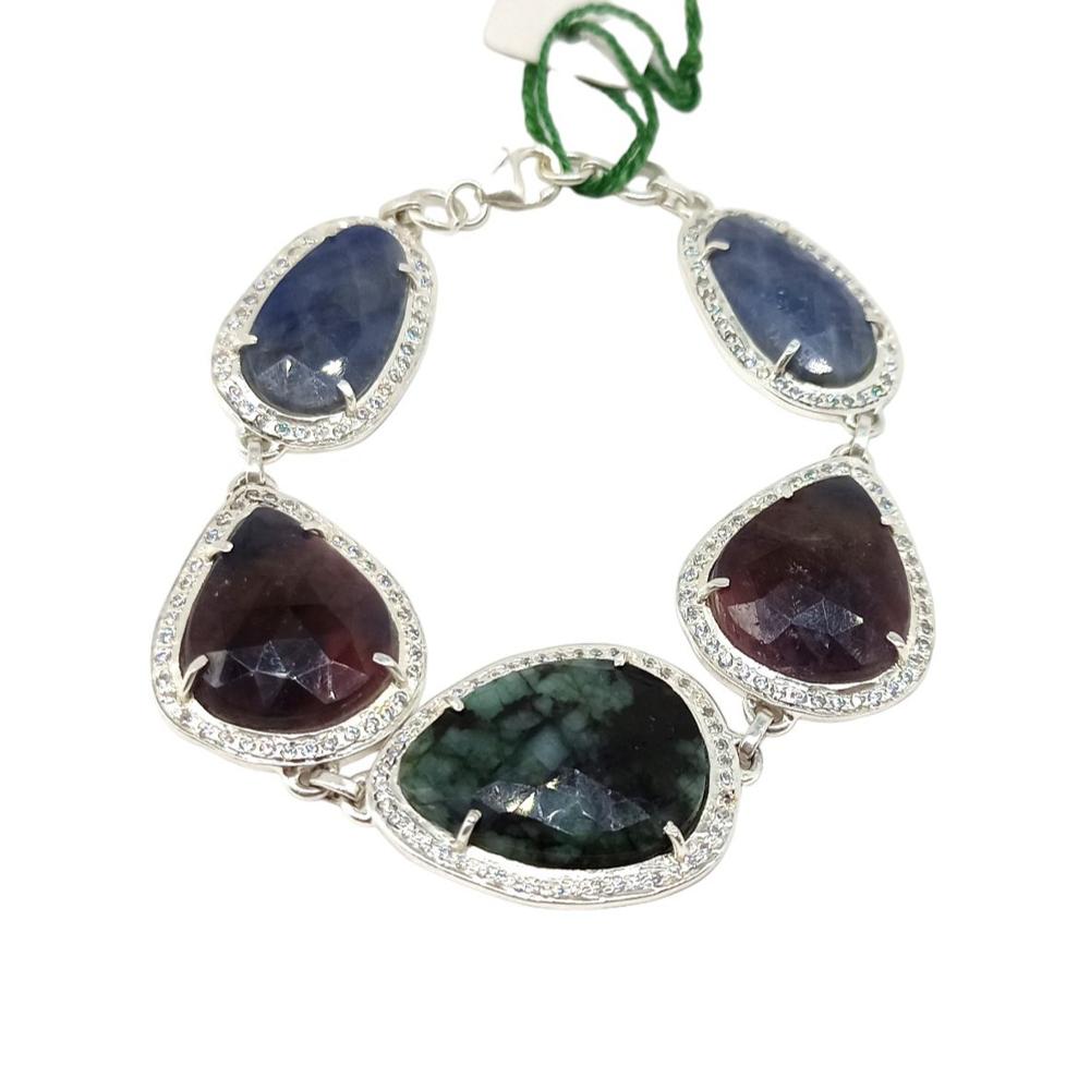 925 Sterling Silver Natural Emerald, Ruby, Blue Sapphire Bracelet